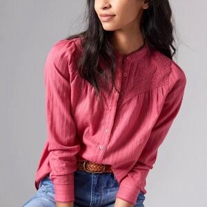 Pilcro Long Sleeve Button Down Pink Mettallic Boho Top Size 8